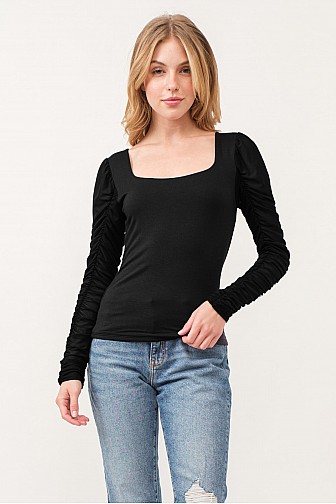 RUCHED MESH L/S DBL LAYERED SQUARE NECK TOP