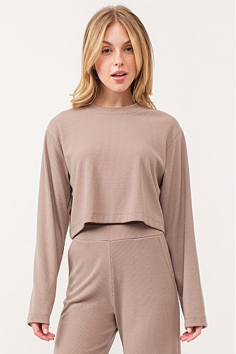 RIBBED L/S ROUND NECK CROPPED TOP